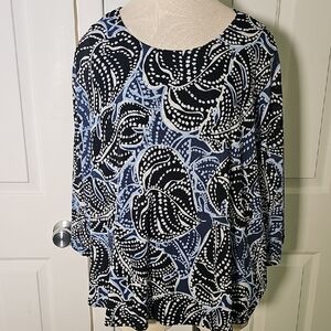 Tahari Black, White, Blue Print Boxy Blouse With Dolan Sleeves. Size XL